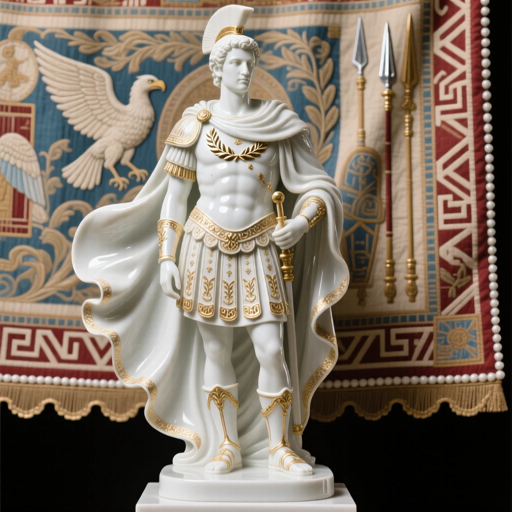 A regal Roman general standing before a grand tapestry, adorned in richly detailed regalia.