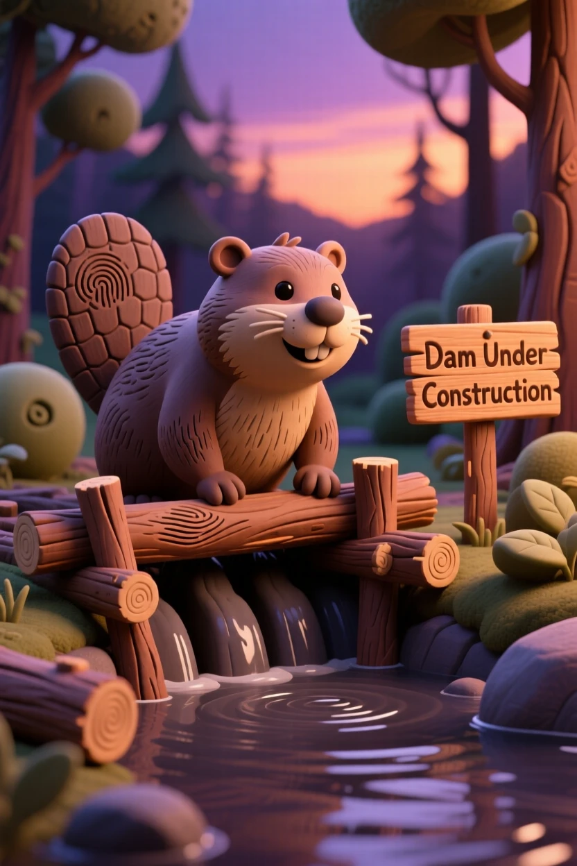 A beaver constructing a dam across a forest stream at dusk
