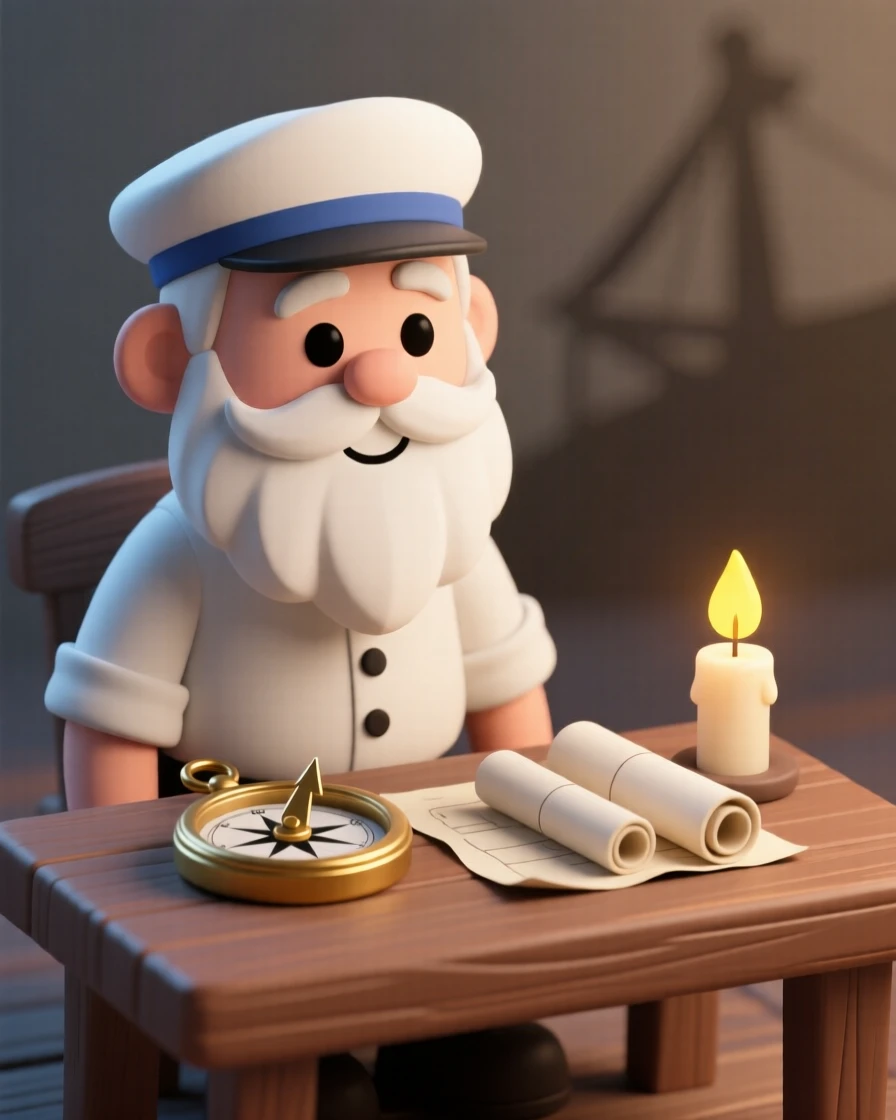 A wise old sailor charts a course by candlelight, brass compass and rolled maps spread across a wooden table.