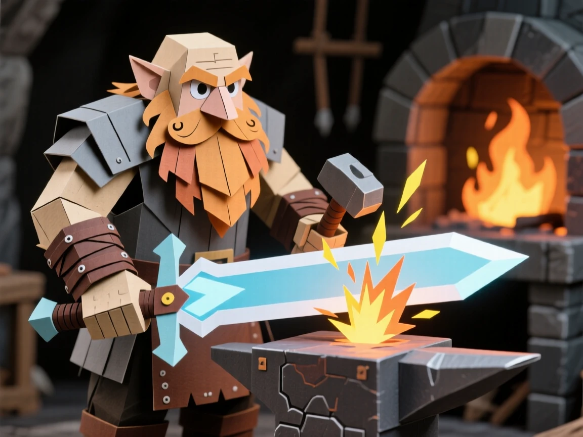 A dwarven blacksmith forging a glowing magical sword in an underground forge lit by molten lava, sparks flying with each hammer strike, capturing craftsmanship and intensity.