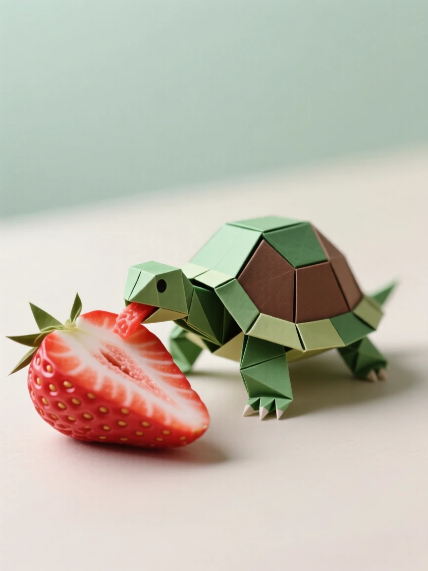 A small tortoise munching a strawberry slice bigger than its own head.