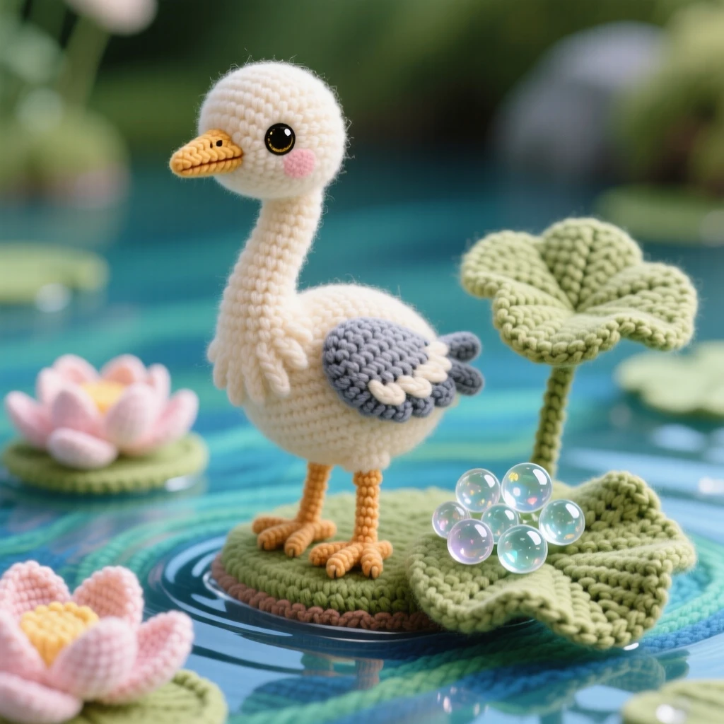 a baby heron chick with downy feathers and a long thin neck is shown standing quietly at the edge of a lily pond within a tranquil lily pond with lotus blossoms, accompanied by a cluster of dewdrops on a nearby leaf, capturing a moment of pure innocent joy.