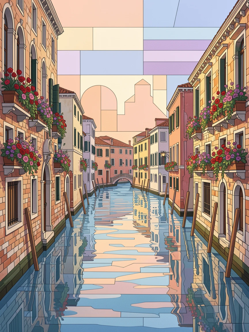 A quiet Venetian canal lined with flower boxes in early morning light.