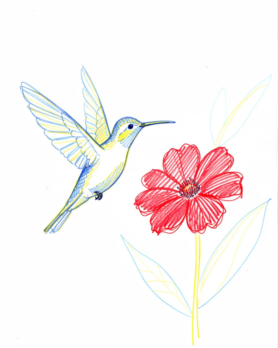 A hummingbird hovering beside a bright red flower, wings a blur of motion