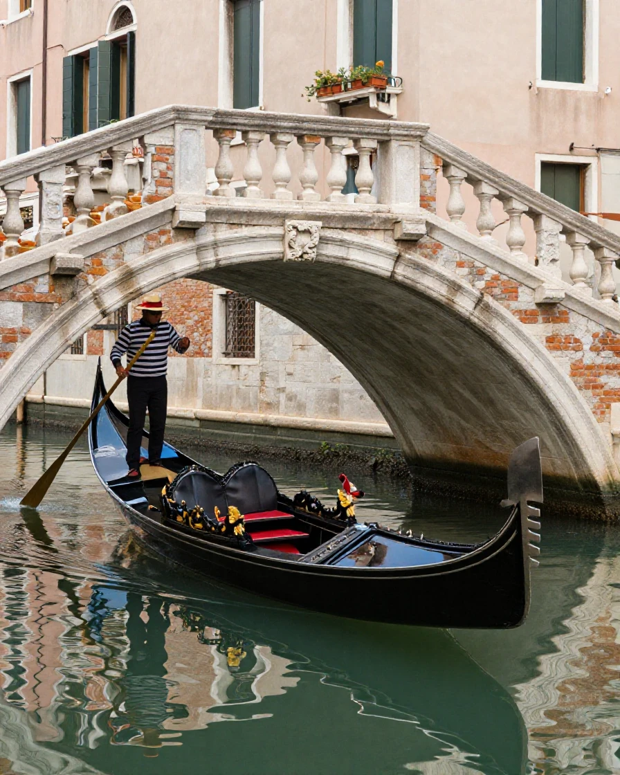 A gondola gliding beneath a stone Venetian bridge