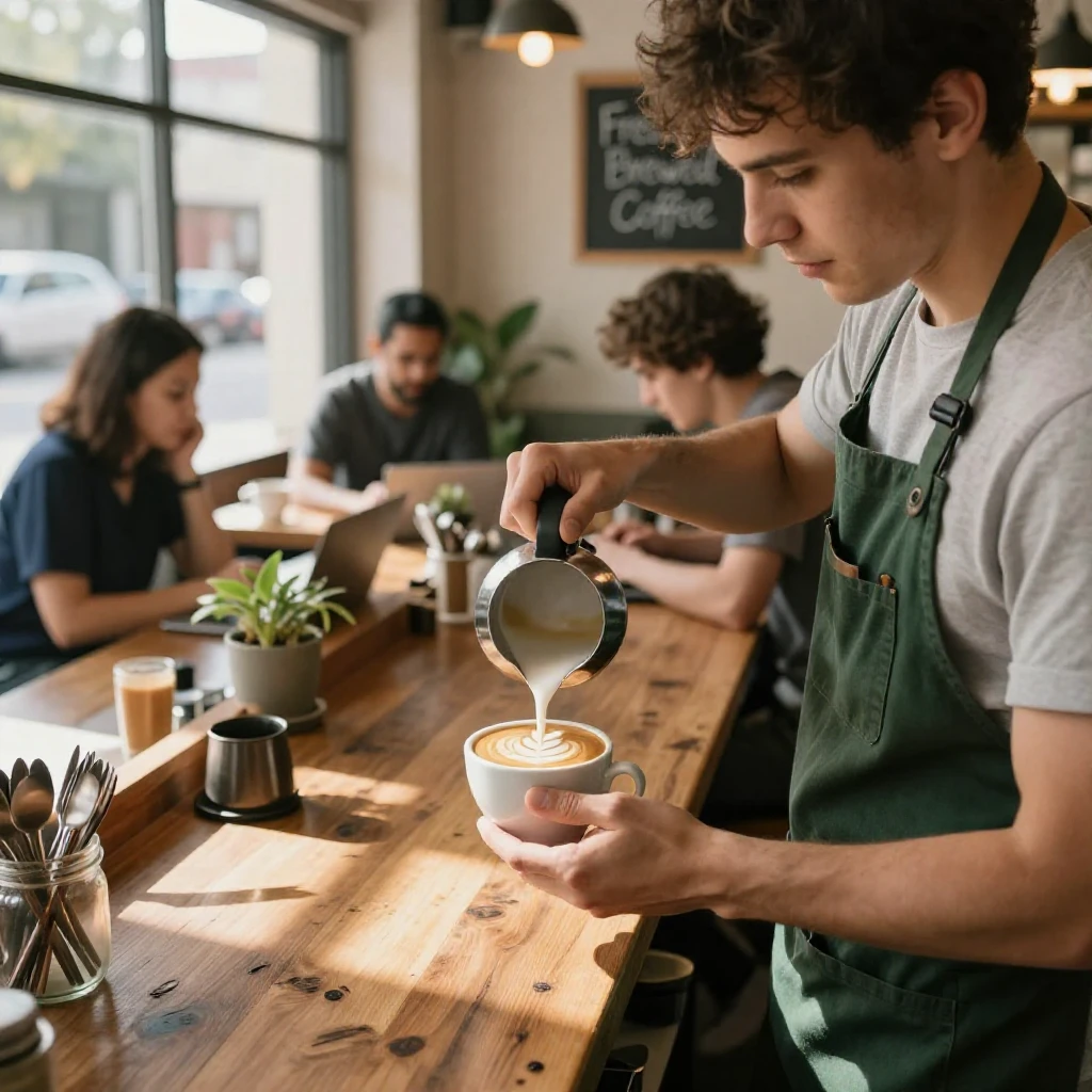 A barista pours a delicate leaf pattern into a cup of foamed milk at a corner cafe.