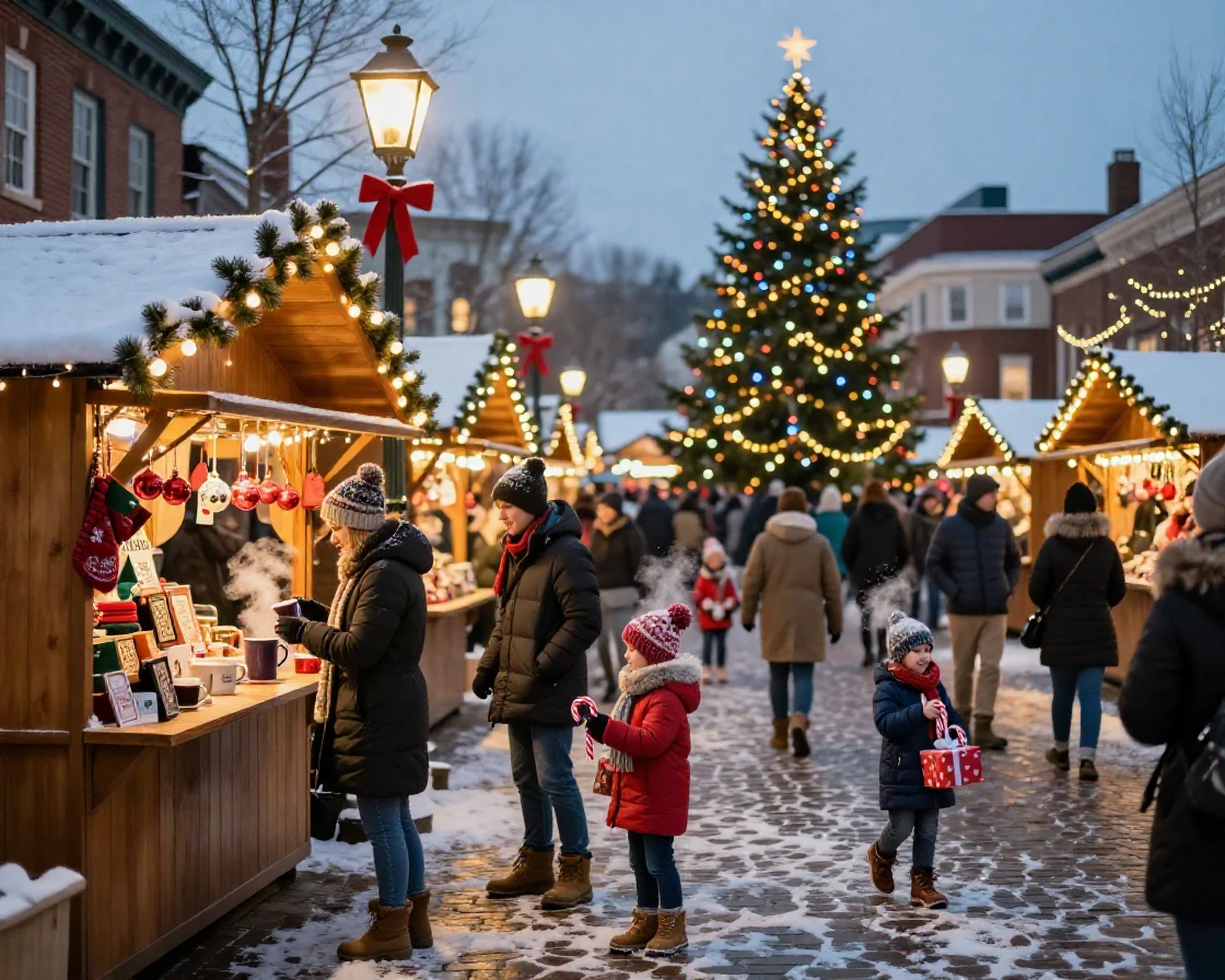 A snowy town square filled with a festive Christmas market and glowing stalls