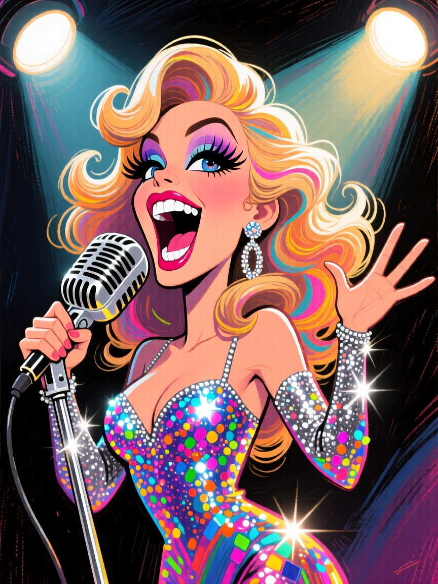 A glamorous fictional pop diva belting into a sparkly microphone under a spotlight.