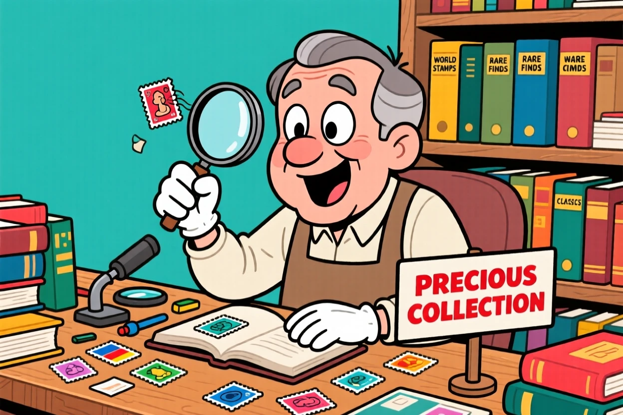 An everyday-life snapshot of a devoted stamp collector examining a rare stamp with a magnifying glass and white gloves.
