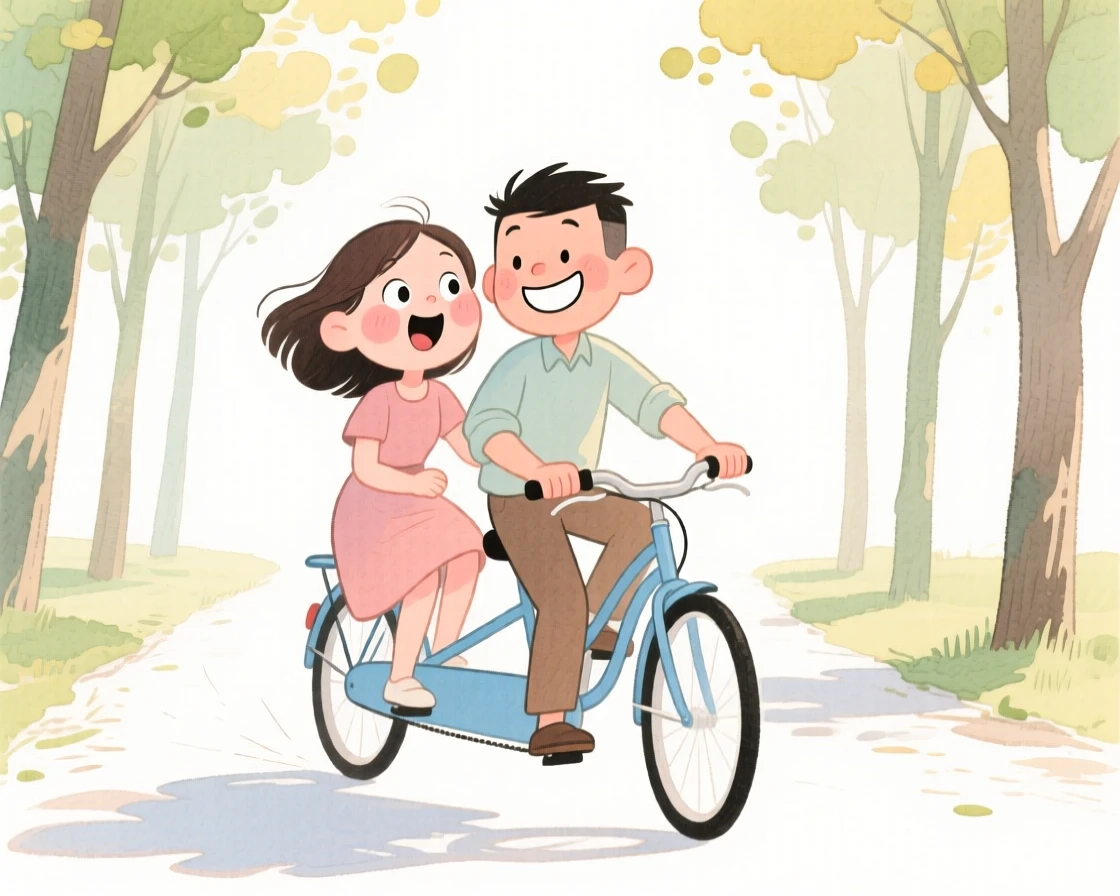 A couple reuniting after time apart riding a tandem bicycle down a tree-lined lane