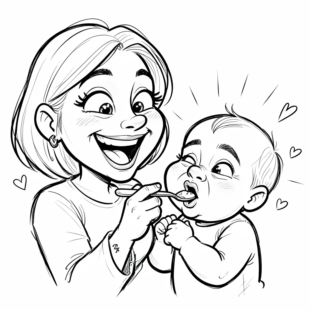 [Family & Relationship Moments] Heartwarming scene of a mother feeding her baby with a spoon, both making funny faces, radiating love and warmth