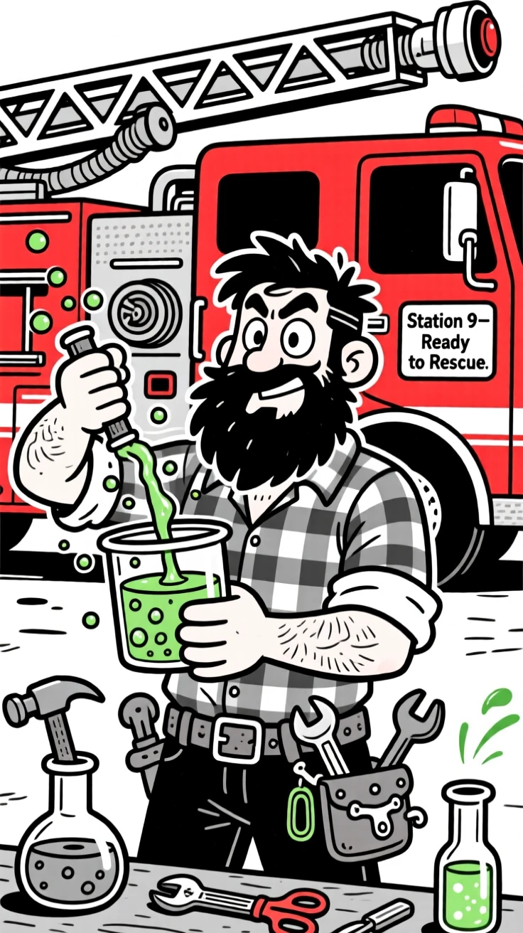 A rugged lumberjack with a bushy beard, mixing bubbling potions that overflow the beaker, set in front of a bright red fire truck. A tool belt jingles with mismatched gadgets. The image captures dedication with a wink of playfulness.