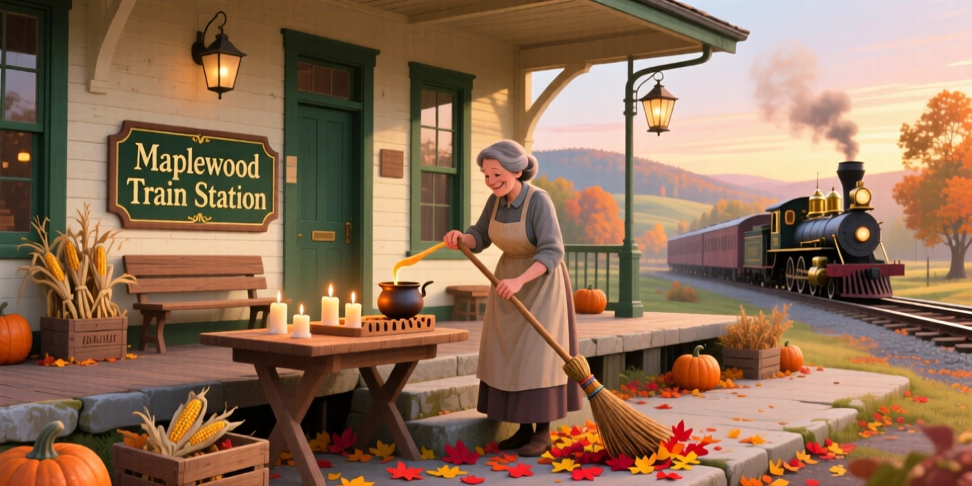 A candle maker pouring warm wax spends the morning sweeping the front steps at sunrise in a small-town train station, as autumn leaves collect along the curb.