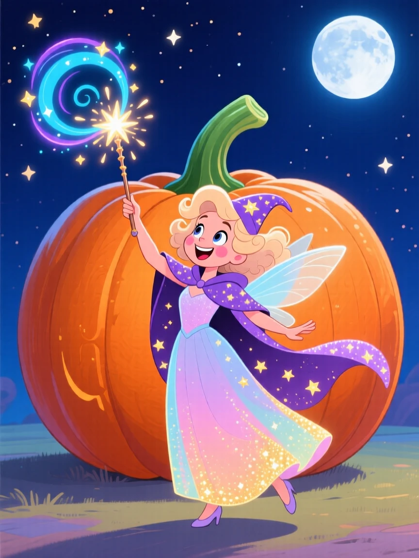 A fairy godmother waving her wand over a pumpkin at midnight.