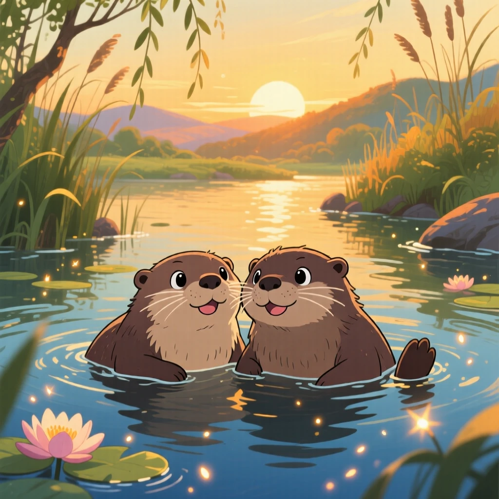A pair of otters floating together on their backs, framed by the golden light of sunset, radiating pure charm.