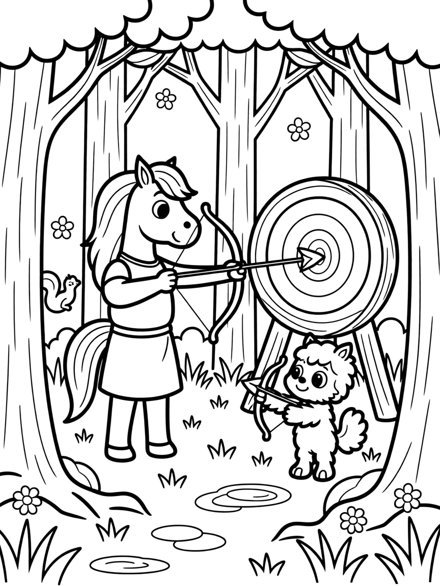 A centaur teaching a young forest creature to shoot an arrow at a target