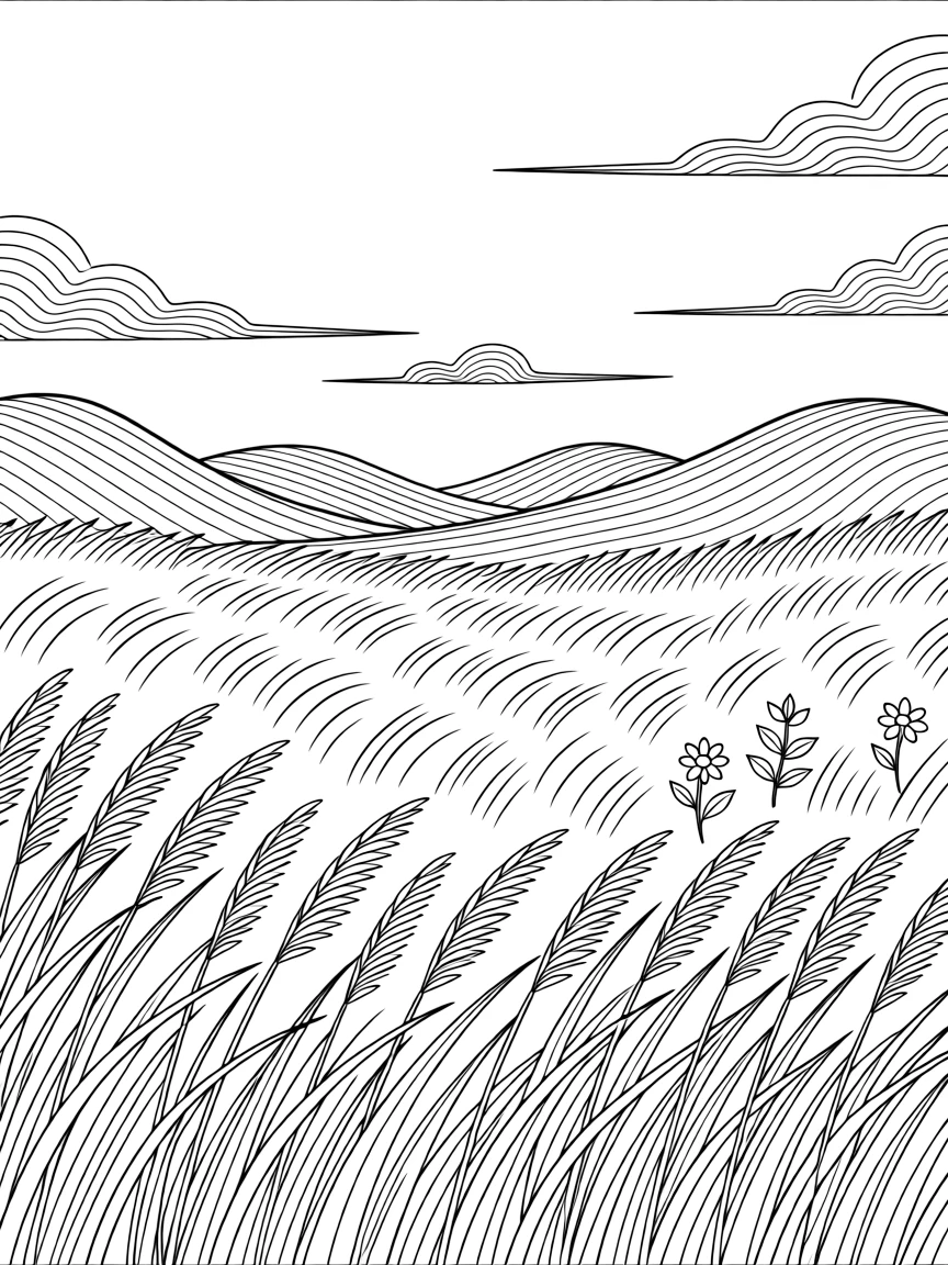 A field of tall grass rippling in the wind under a wide sky, with mist rolling gently across the ground.