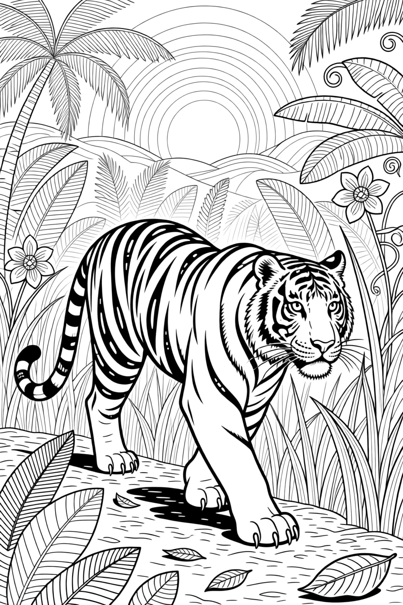 A tiger stalking through tall jungle grass at dawn.