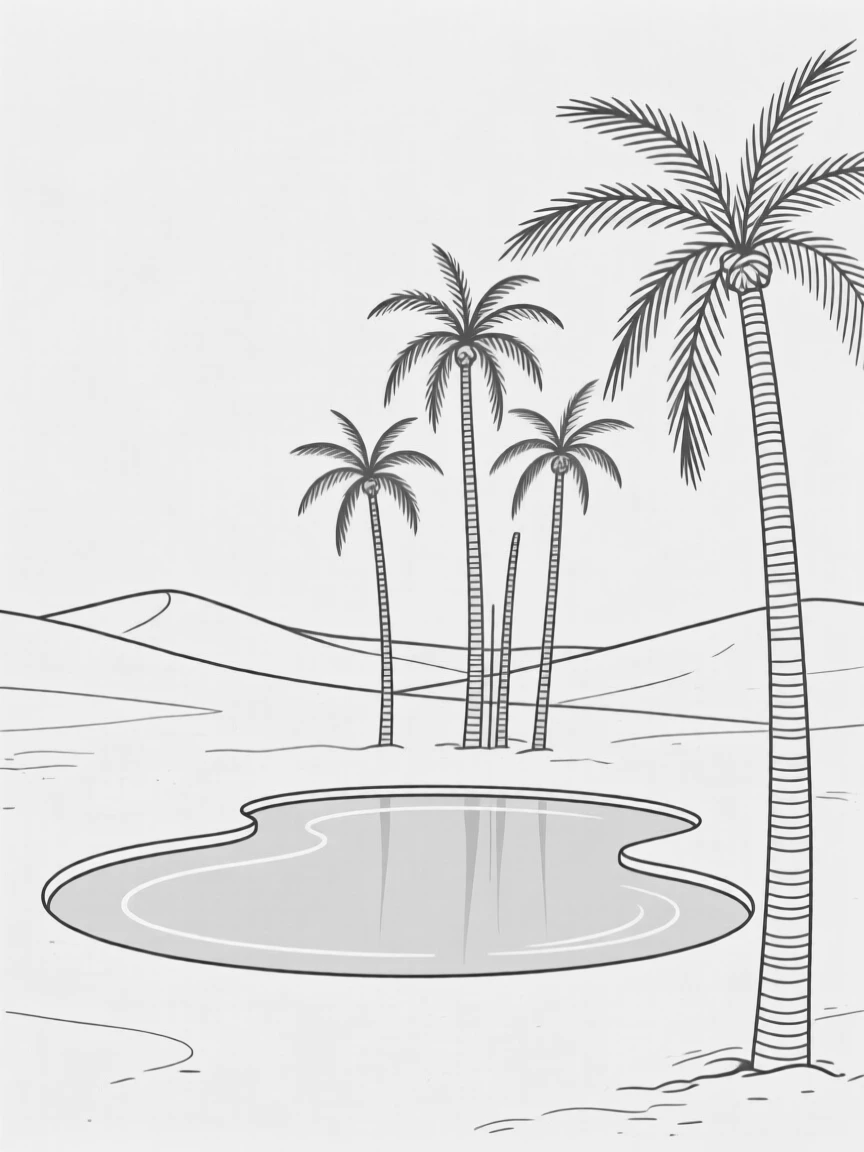 A desert oasis with palm trees around a small pool