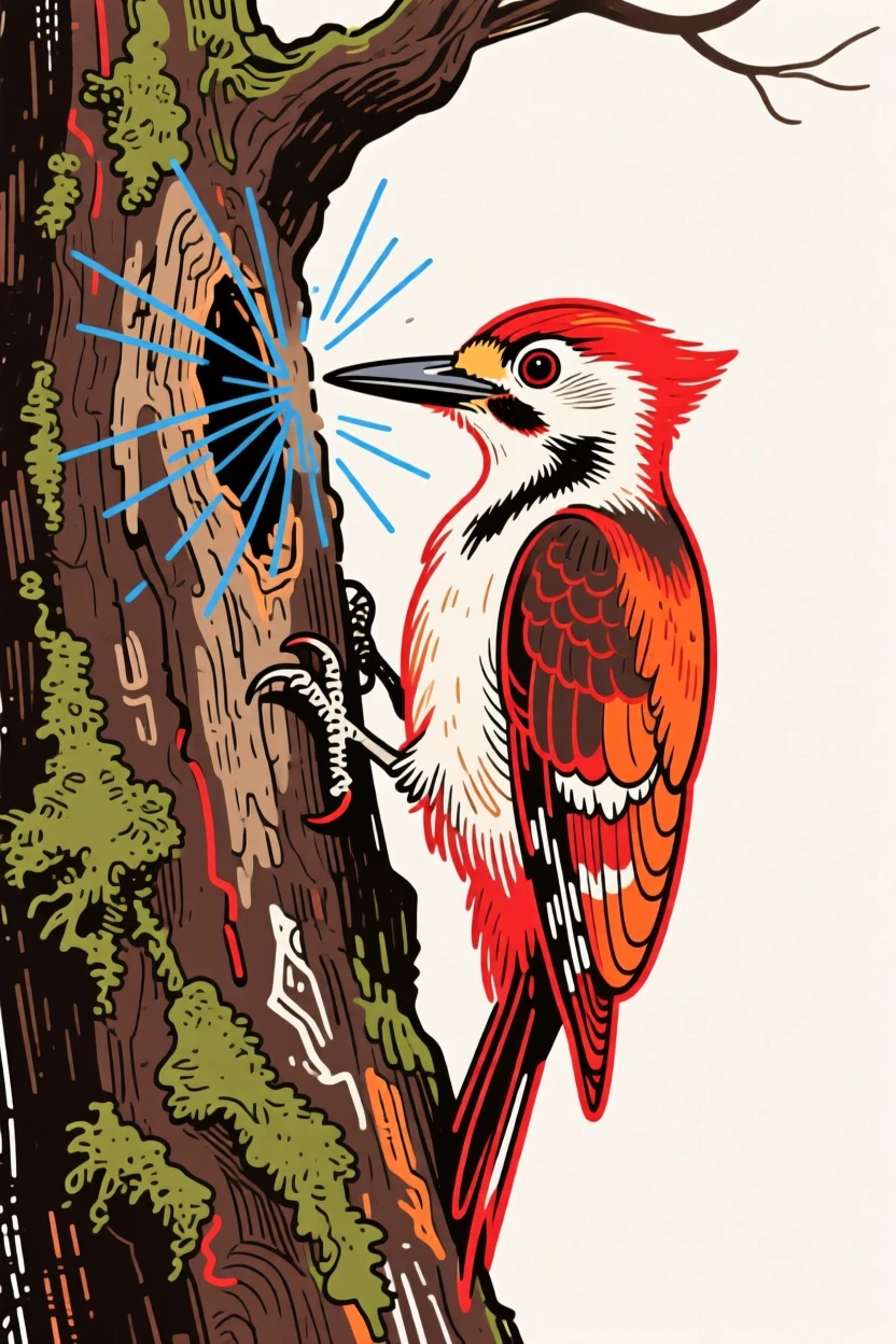 A woodpecker tapping on an old oak tree.
