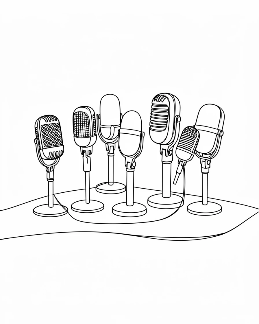 A collection of vintage microphones arranged on a recording studio table