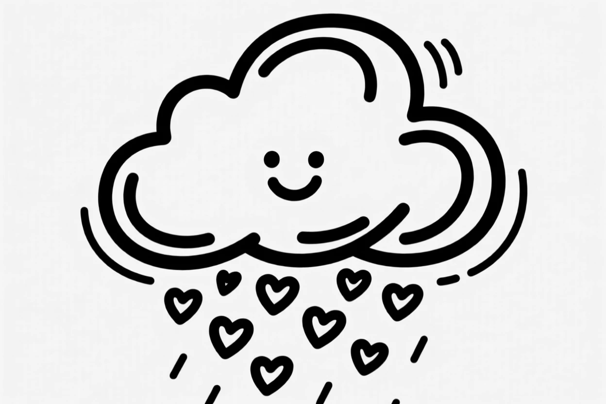 A small cloud creature with a smiling face raining tiny hearts.