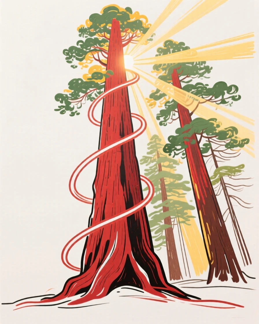 A towering redwood forest with sunbeams filtering through the canopy.