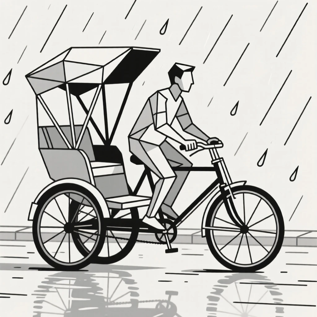 A rickshaw cyclist pedaling through a rainy street