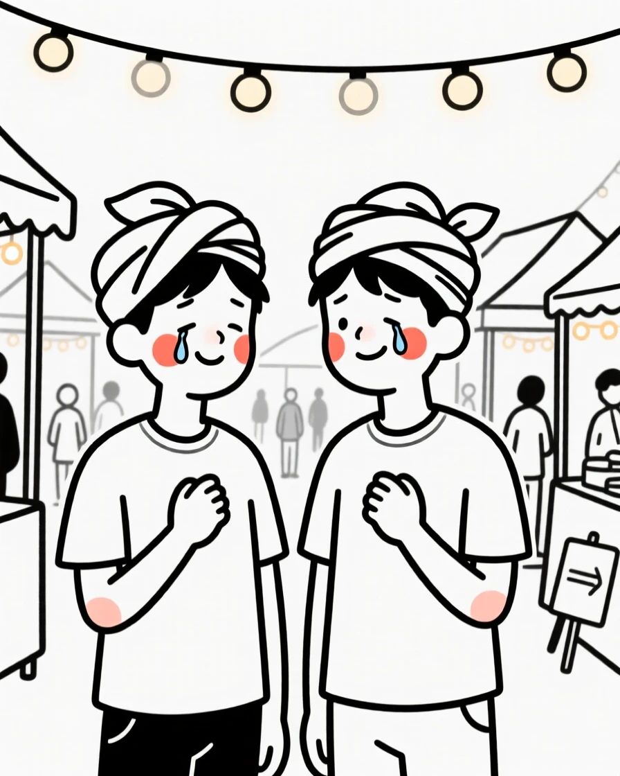 Twin brothers wearing a Nigerian gele headwrap, holding back happy tears, at a bustling holiday market.