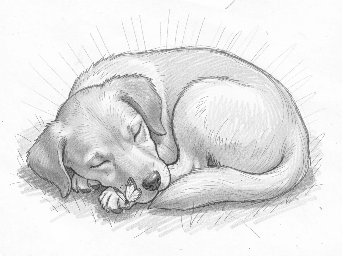 A golden retriever puppy napping in a patch of warm sunlight, with a butterfly resting on its nose.