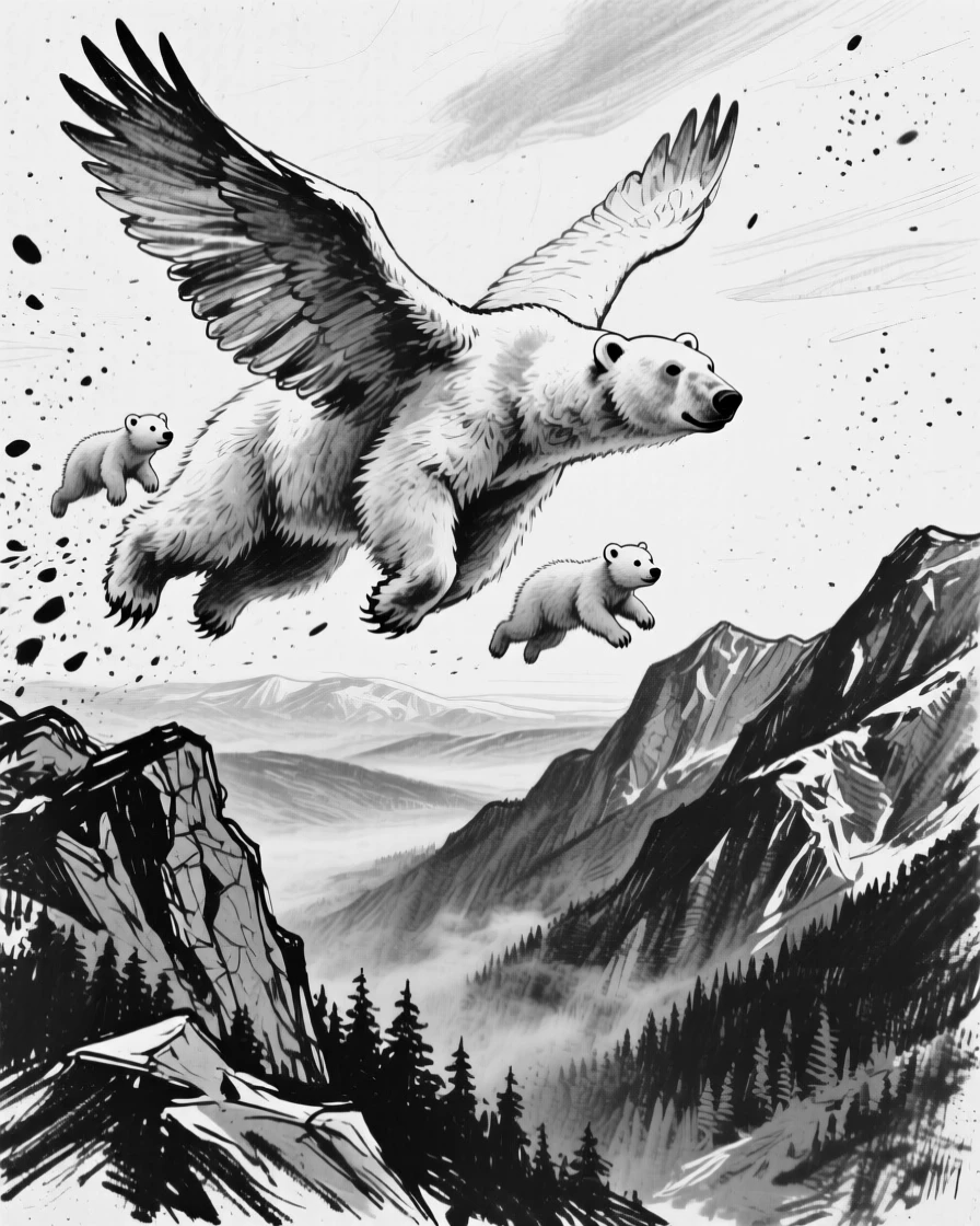A polar bear and her cubs soaring high above a mountain valley.