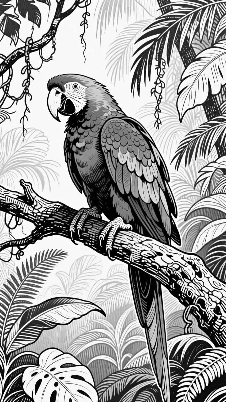 A parrot perched colorfully on a branch in a lush tropical rainforest.