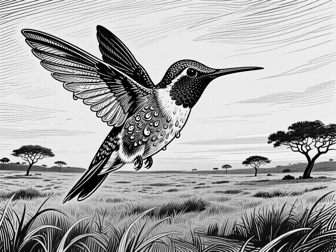 A hummingbird in flight on an open savanna at dusk, with droplets of water clinging to its coat, capturing a joyfully alive moment in nature with a strong, centered focal point.