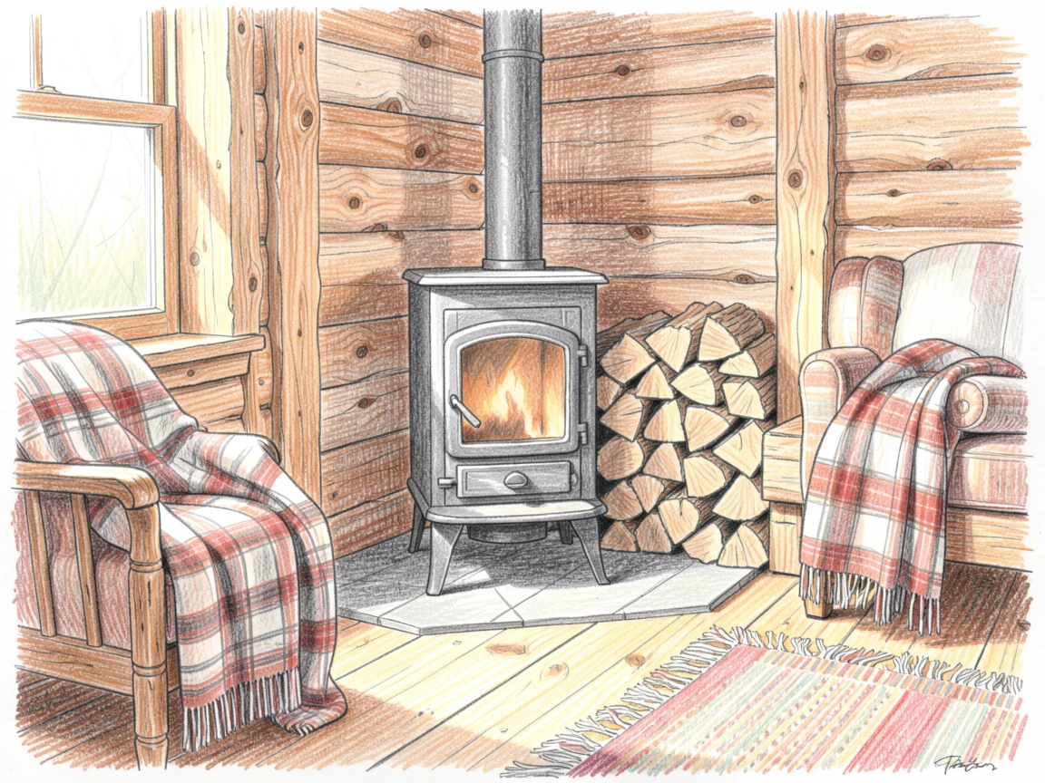 A cozy cabin interior with a wood-burning stove and stacked firewood, with delicate details in the woodwork and fabric textures, capturing the simple joys of home and hearth.