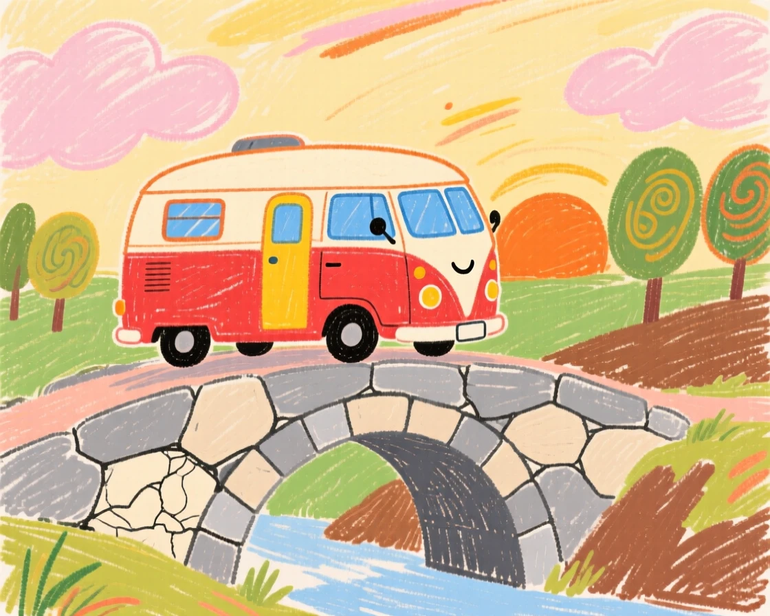 A vintage camper van crossing an old stone bridge at sunrise.