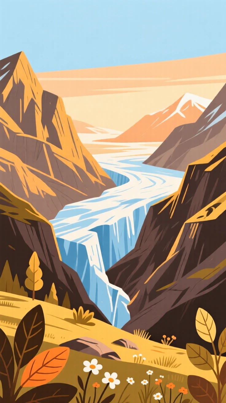 A glacier carving through a rugged mountain valley, under warm golden hour lighting, composed with strong leading lines drawing the eye inward, with delicate textures visible in every leaf and petal.