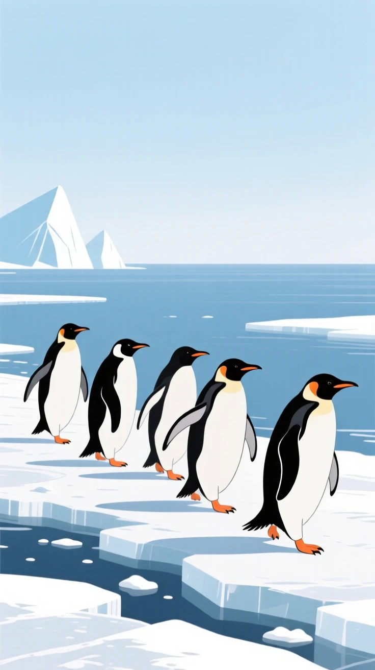 A group of penguins waddling across an icy shore near the frozen sea.