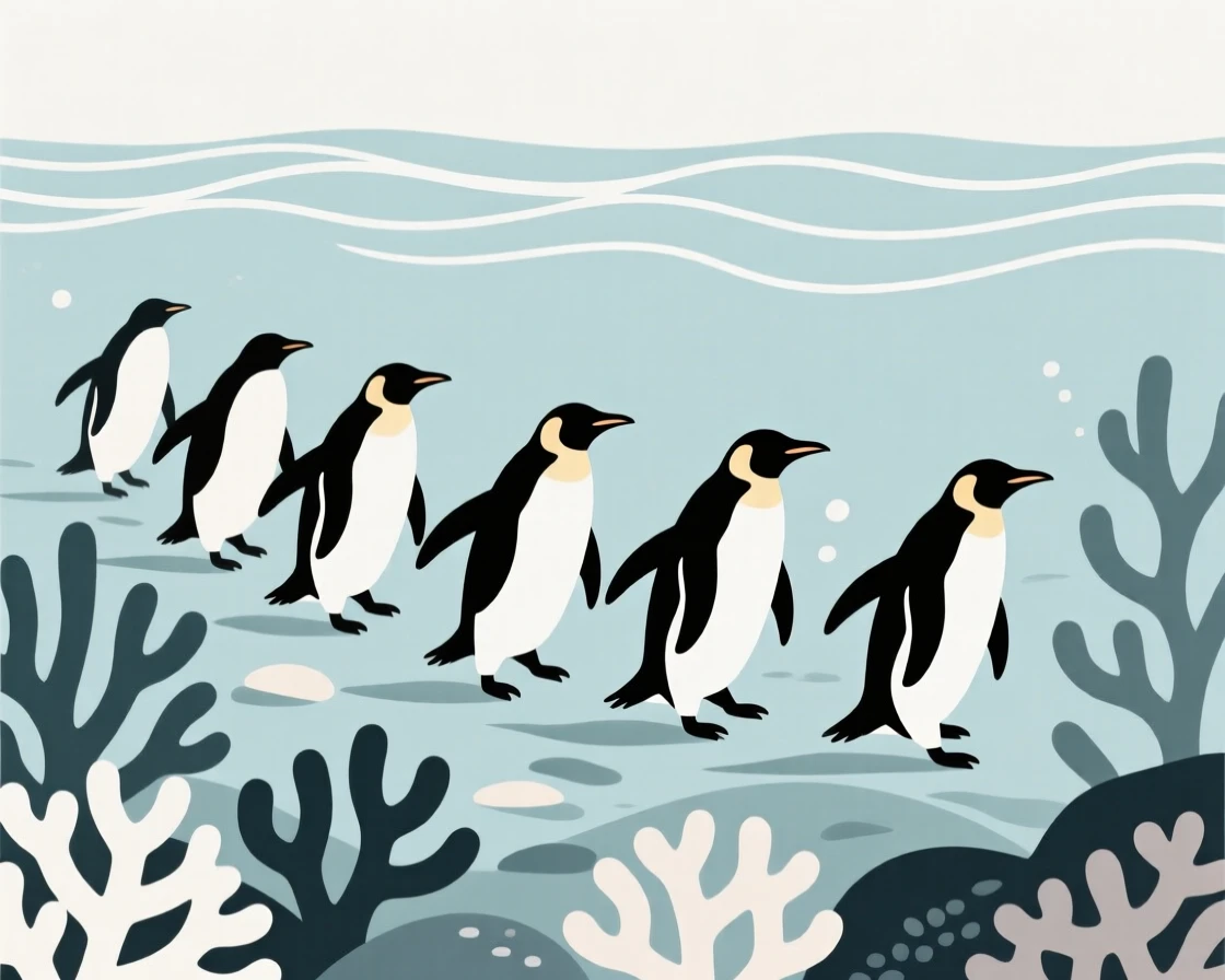 A penguin colony moving gracefully through its habitat in a coral reef, near gentle ocean waves, giving off a sense of wild freedom.