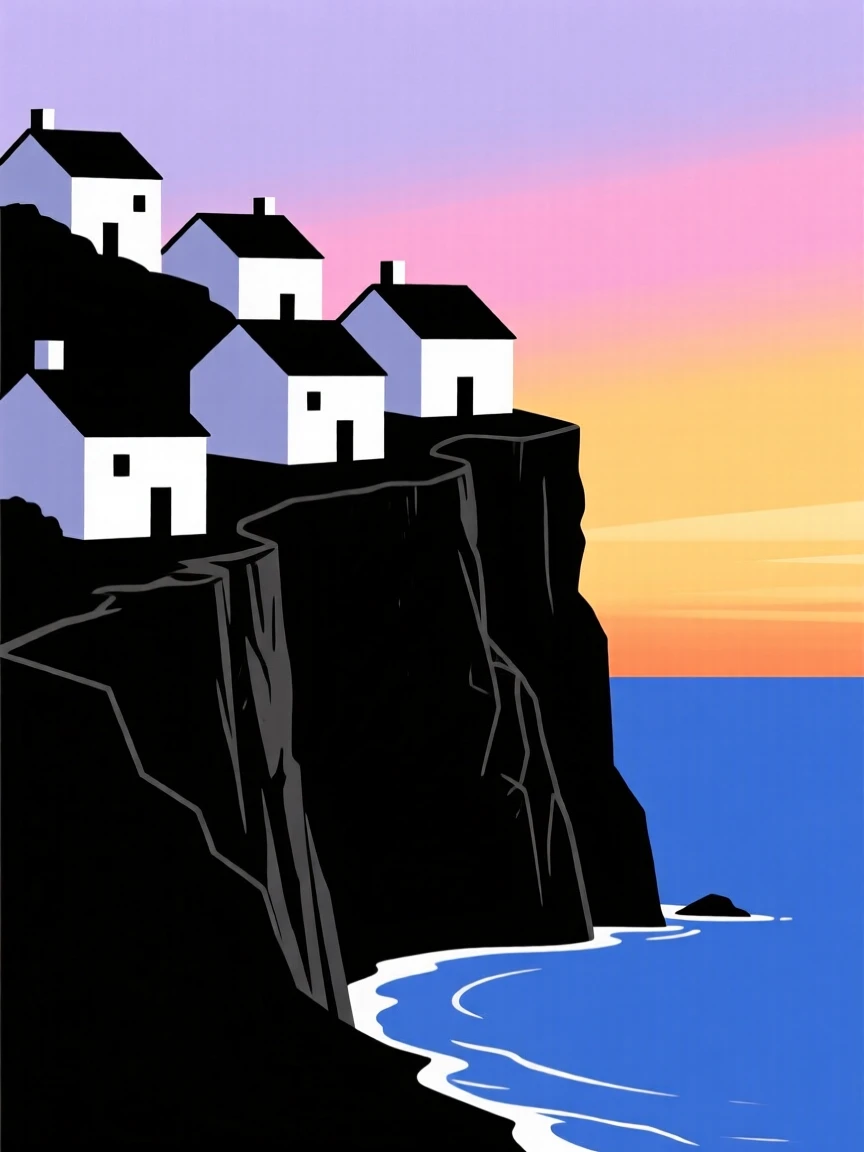 A cliffside village of white houses overlooking a deep blue sea.