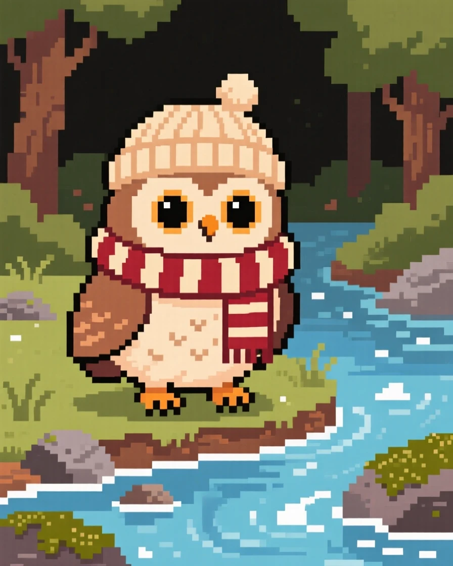 A fluffy owl chick wearing a tiny knitted scarf and hat, beside a bubbling woodland stream.