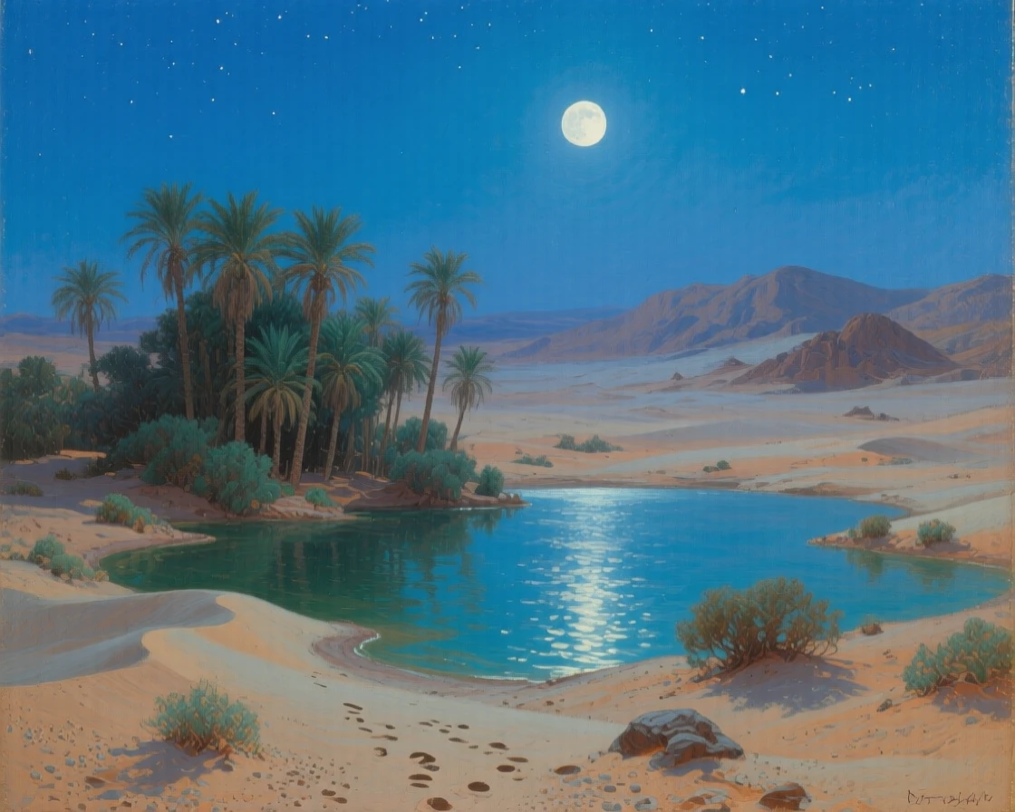 A grand panoramic scene of a remote desert oasis ringed with palm trees, under a full moon, in medieval times.