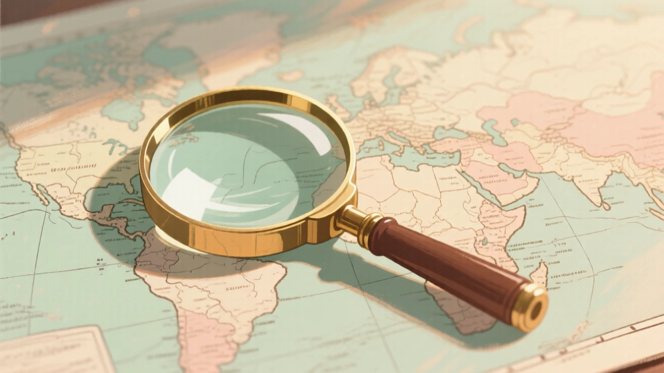 An antique magnifying glass resting on a hand-drawn map