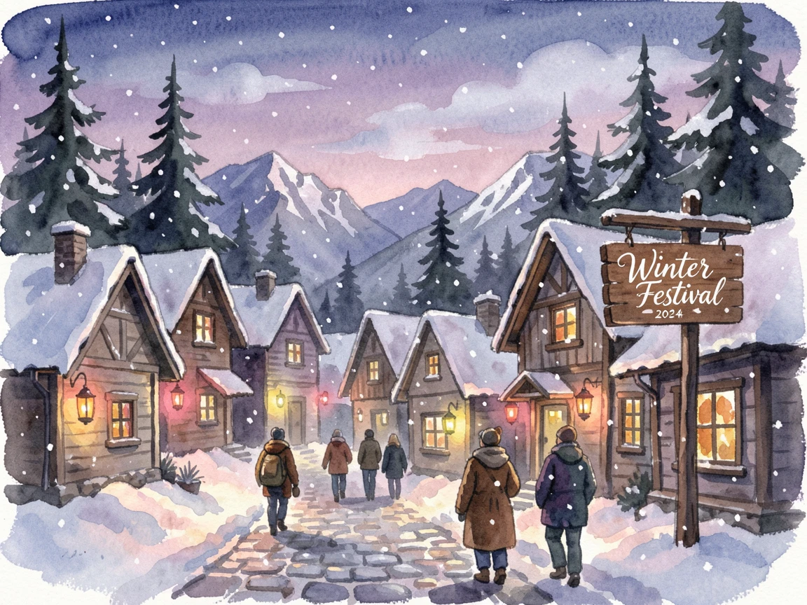 A mountain village lit up for a winter festival during the first snow with travelers strolling along the path.