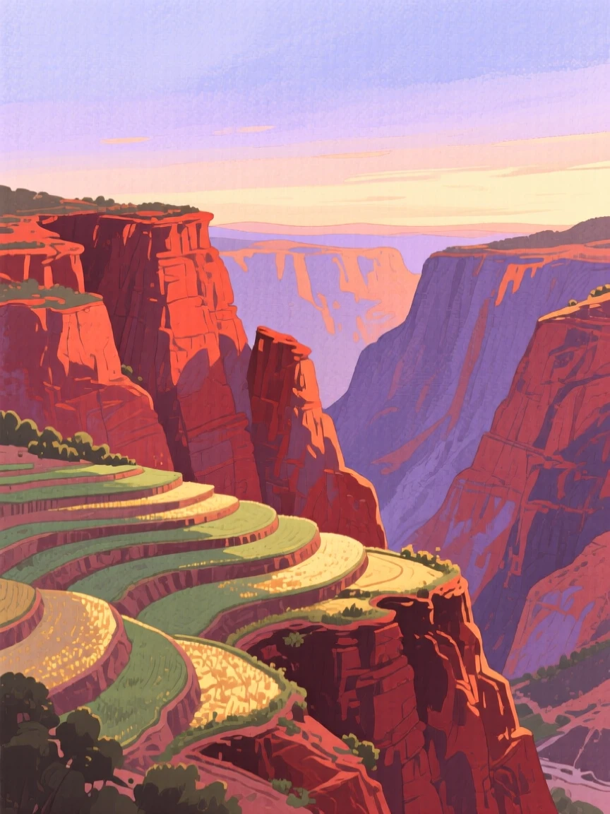 A breathtaking view of a canyon of red rock in the soft glow of dusk, where terraced fields catch the light