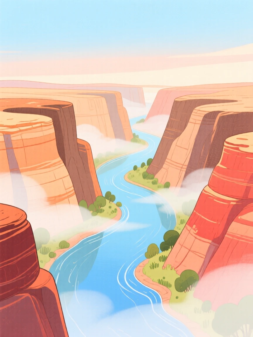 A panoramic scene of a canyon carved by an ancient river under a soft blanket of fog.