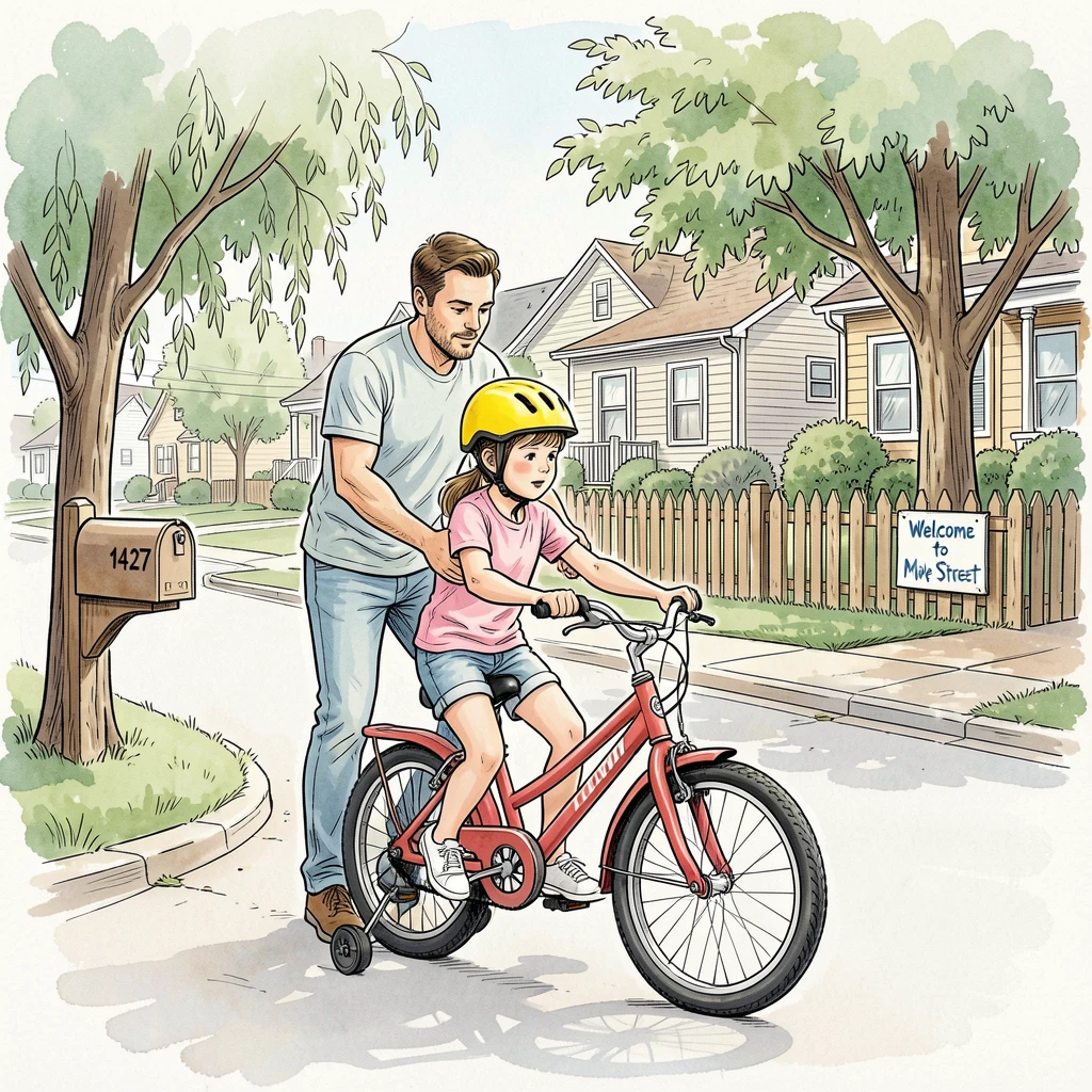 A father teaching his daughter to ride a bicycle for the first time on a quiet suburban street