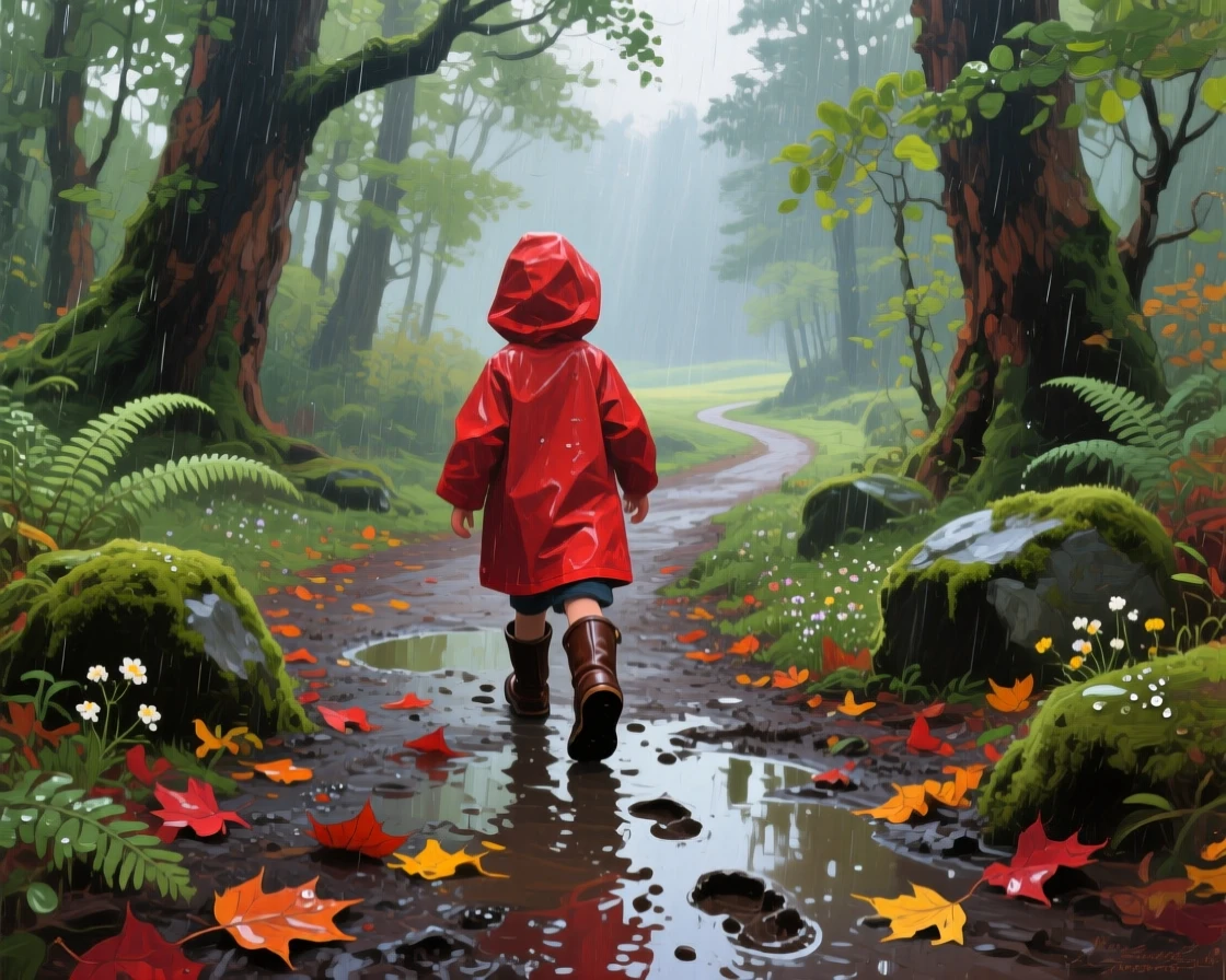 a child in boots following a woodland path, after fresh rainfall, with layered visual detail from foreground to horizon.