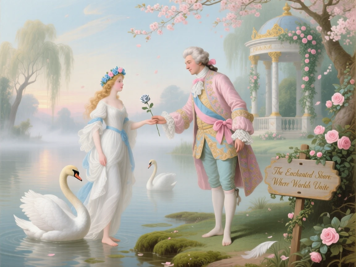 A prince meeting a swan maiden beside a misty lake  