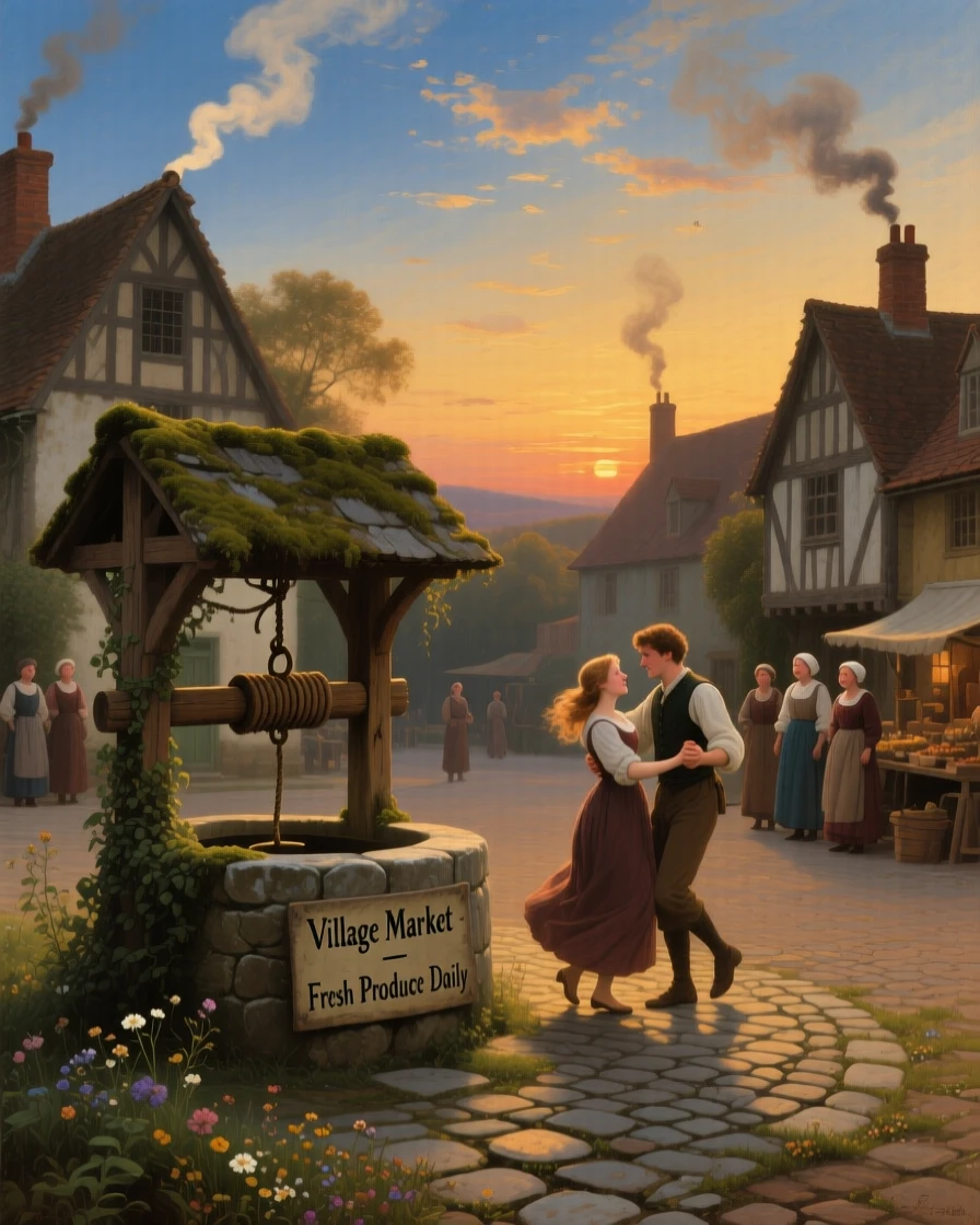 A young couple dances in the square of a village square beside an old well as smoke rises from chimneys.