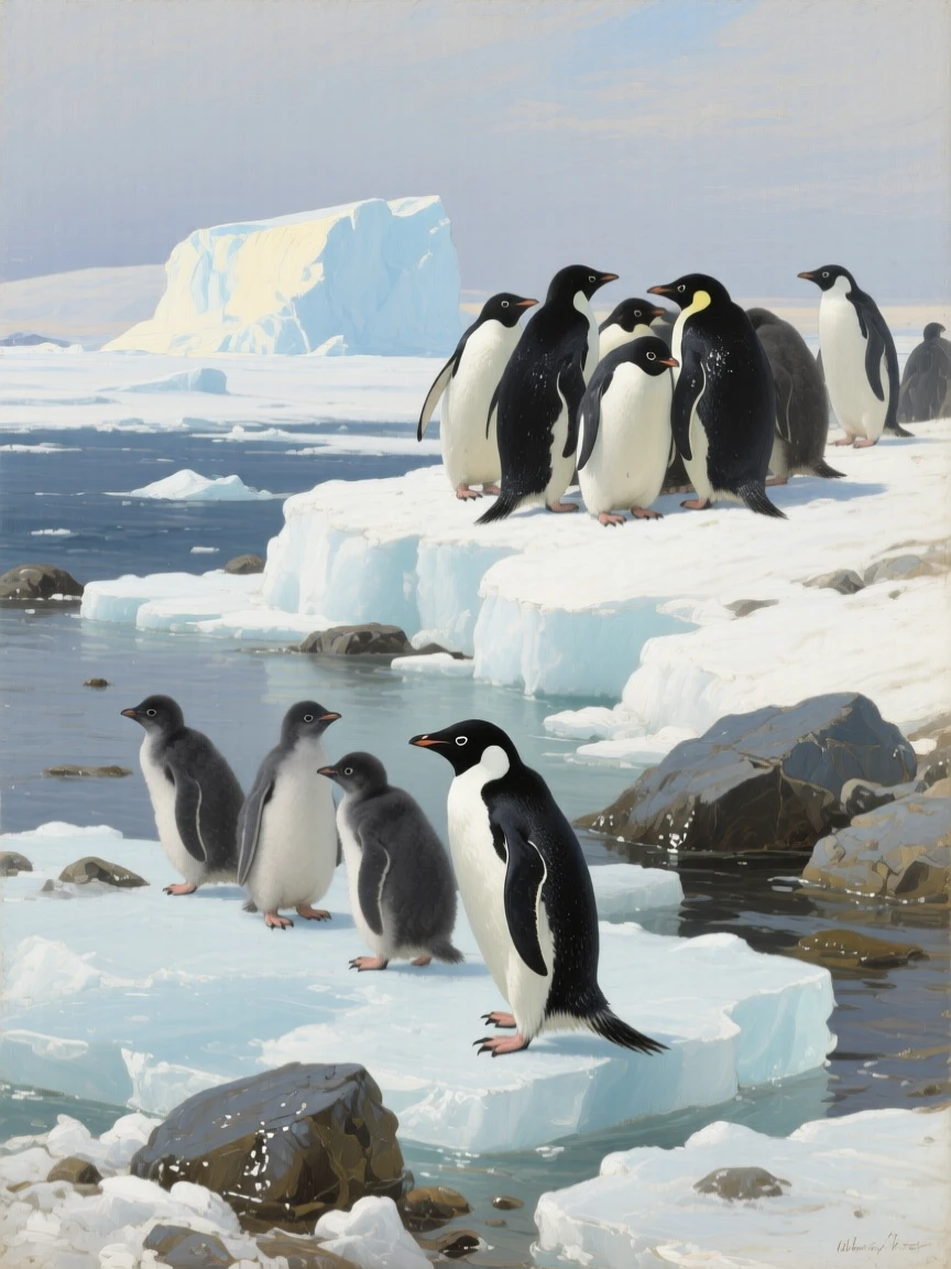 A group of penguins waddling across an icy Antarctic shoreline, as the rest of its family group remains close by, celebrating the raw beauty and dignity of the animal kingdom